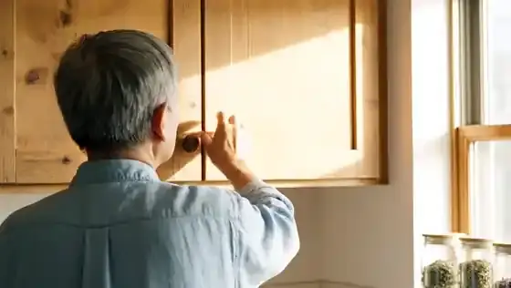 Kitchen cupboard doors opened by a man reaching for a small jar of cinnamon sticks
