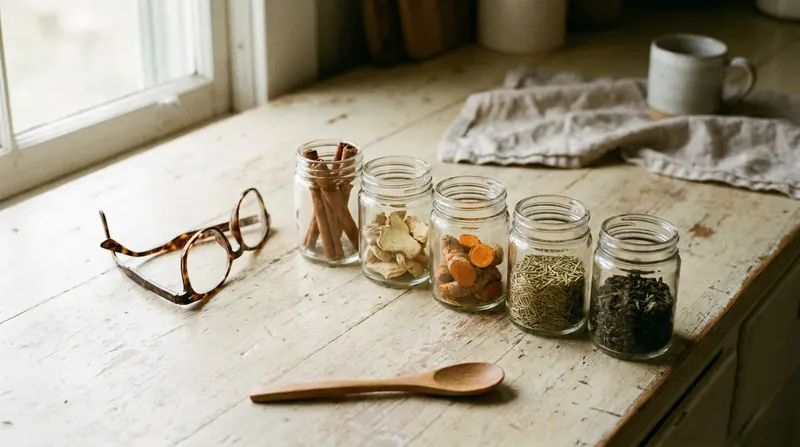 Reading glasses resting beside five small glass jars of kitchen spices and green tea