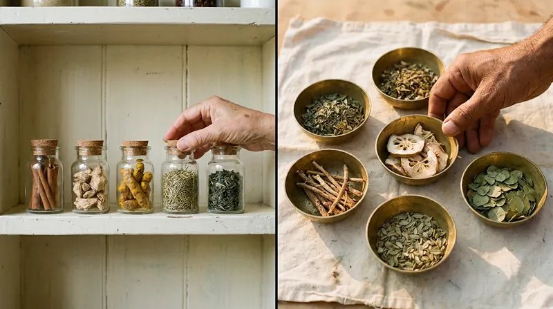 Familiar spice jars on a kitchen shelf beside five brass bowls of unfamiliar dried Indian herbs