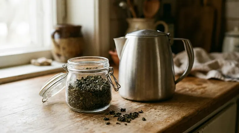 Dark rolled green tea leaves in a small open jar beside a kettle on a wooden counter