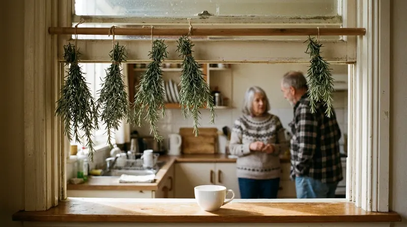 Rosemary sprigs hanging to dry above a kitchen window, a white teacup on the sill