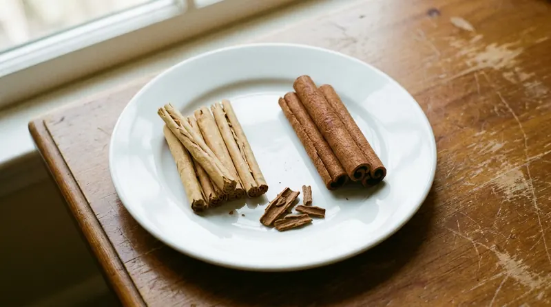 Two kinds of cinnamon on a white plate, thin papery quills beside thick rough sticks