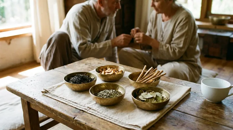 Five small brass bowls of dried Indian herbs on a cotton cloth beside a white teacup