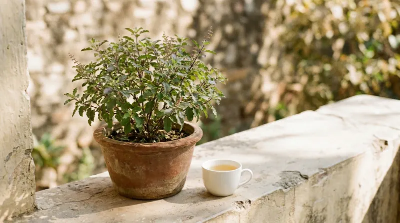 Holy basil growing in a terracotta pot on a sunlit courtyard ledge beside a cup of tea