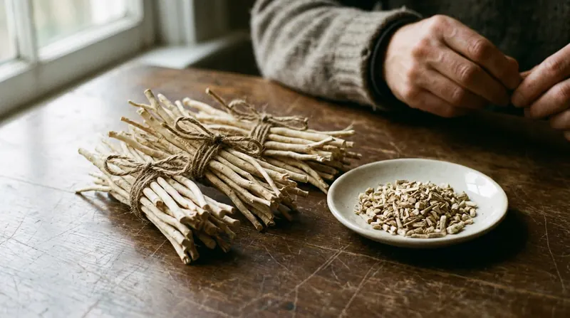 Bundles of dried ashwagandha roots tied with string beside a saucer of cut root pieces
