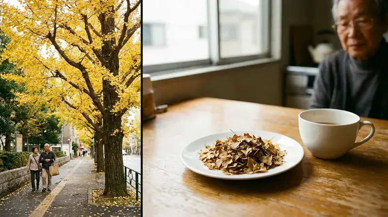 Split view of a golden ginkgo tree on a city sidewalk and crumbled dried ginkgo leaf on a saucer