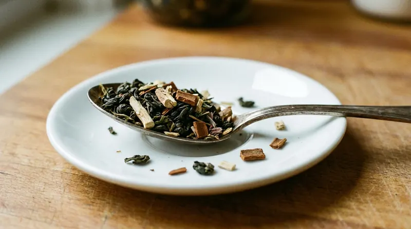 A heaped teaspoon of mixed loose-leaf blend resting across the rim of a white saucer