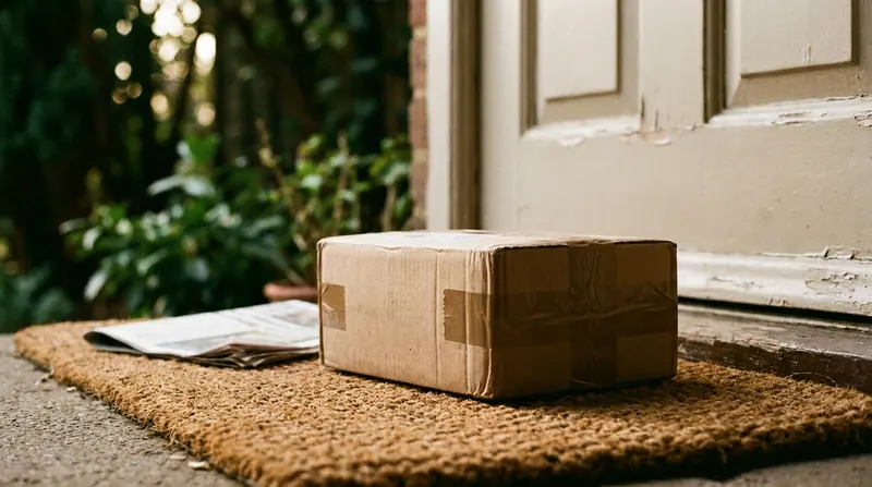 Postal parcel resting on a woven doormat outside a painted front door
