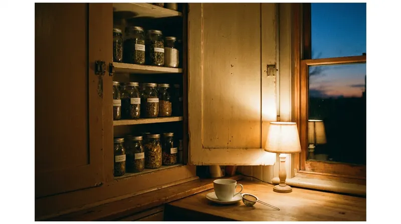 Open cupboard at dusk with jars of spices and a teacup and strainer on the counter below